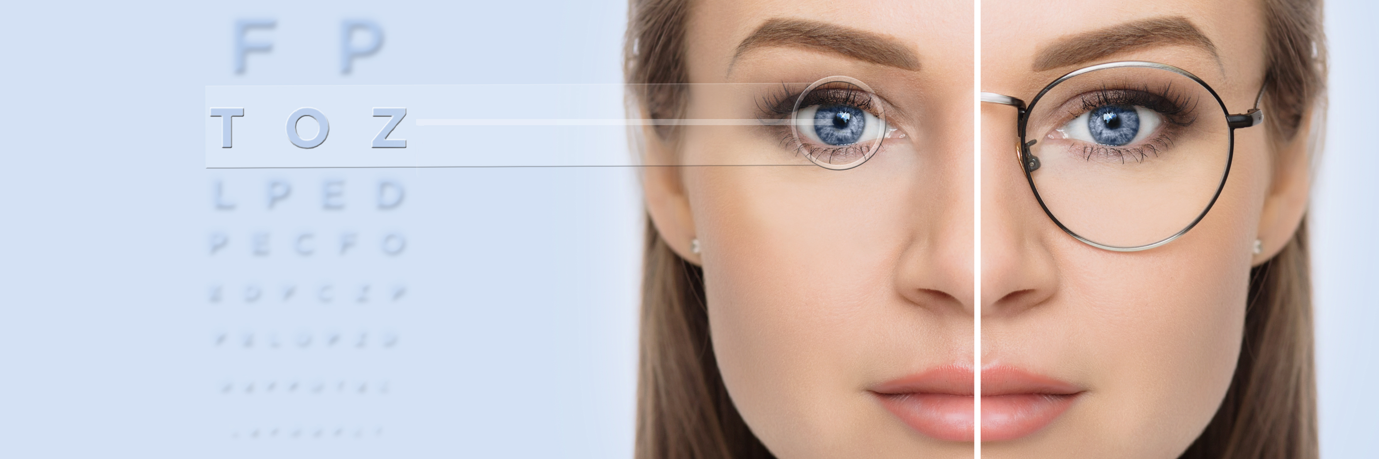 Model with half eyeglasses on and clear vision in the other eye after improved eyesight from lasik surgery near me